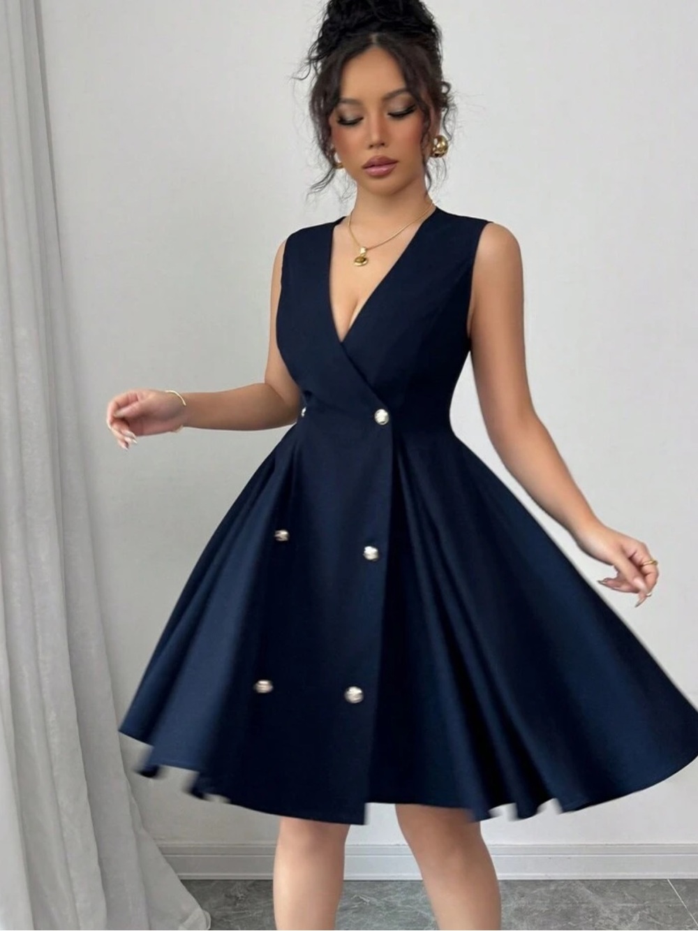 Elegant Navy V-Neck Fit & Flare Dress